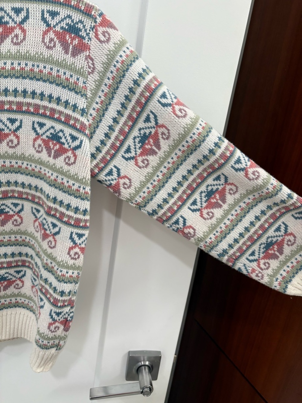 Vintage 90s White Fair Isle 100% Portuguese Cotton Knit Cardigan Size Small - Picture 6 of 9